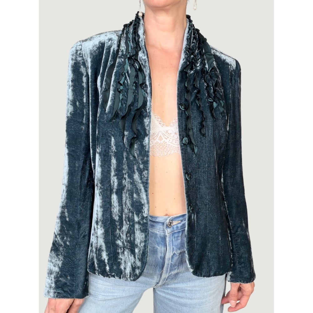 T Tahari Silk Blend Crushed Velvet‎ Ruffle Blazer Teal Blue Green Ruffled M